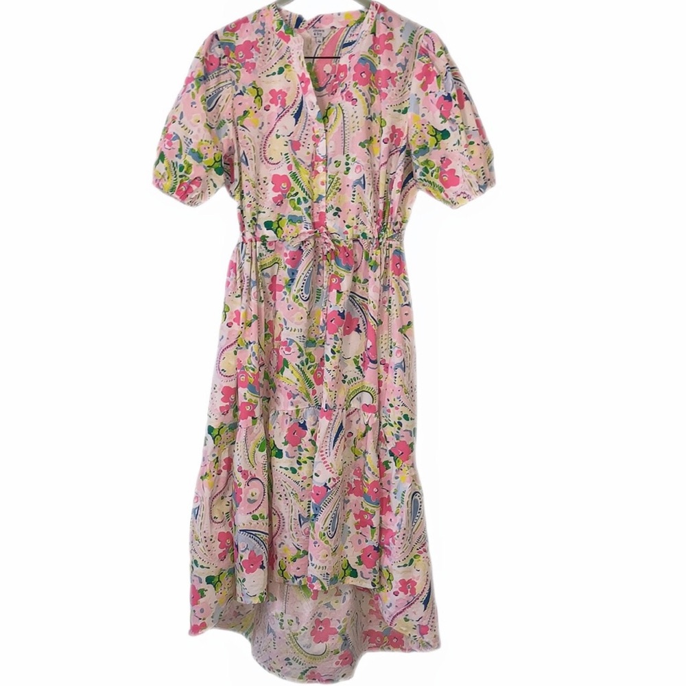 Crown & Ivy Pink and Green Puff Sleeve Cinch Tie Waistband Sundress Wome…